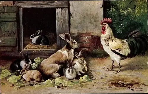 Künstler Ak Schönian, Alfred, Hahn vor einem Hasenstall, Salatblätter