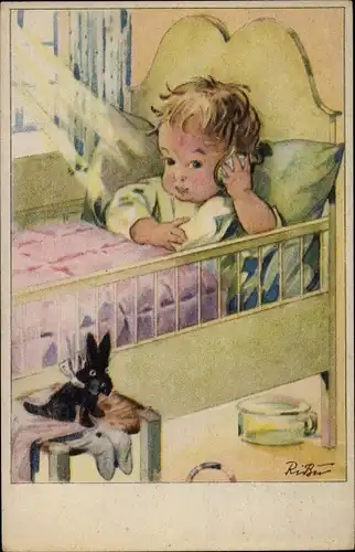 Künstler Ak Baby im Kinderbett, Nachttopf, Spielzeug