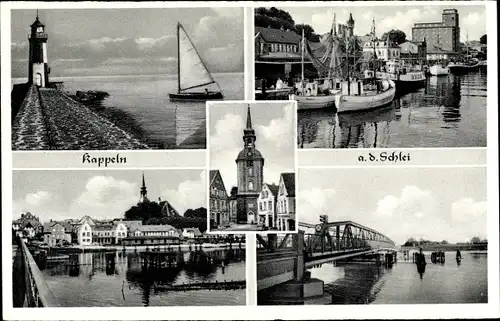 Ak Kappeln in Schleswig Holstein, Leuchtturm, Hafen, Brückenpartie, Teilansicht, Kirche, Segelboot