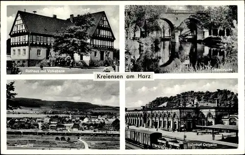 Ak Kreiensen Einbeck, Rathaus mit Volksbank, Leinebrücke, Bahnhof Ostseite