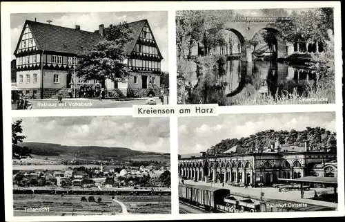 Ak Kreiensen Einbeck, Leinebrücke, Rathaus mit Volksbank, Bahnhof Ostseite