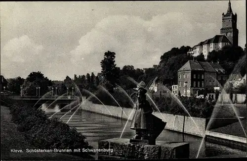 Ak Kleve am Niederrhein, Schüsterken Brunnen mit Schwanenburg