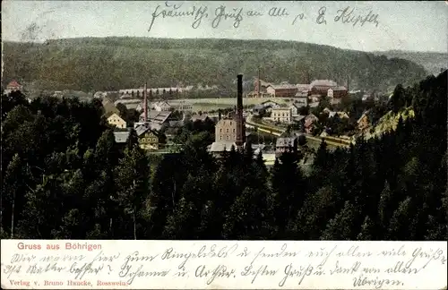 Ak Böhrigen Striegistal Landkreis Mittelsachsen, Panorama vom Ort, Fabrikschlot