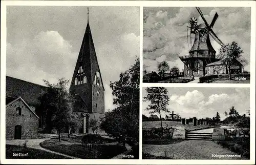 Ak Gettorf in Schleswig Holstein, Kirche, Windmühle, Kriegerehrenmal