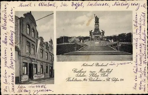 Ak Rüdesheim am Rhein, Gasthaus zum Münchhof, Kirchstraße 6, Niederwalddenkmal