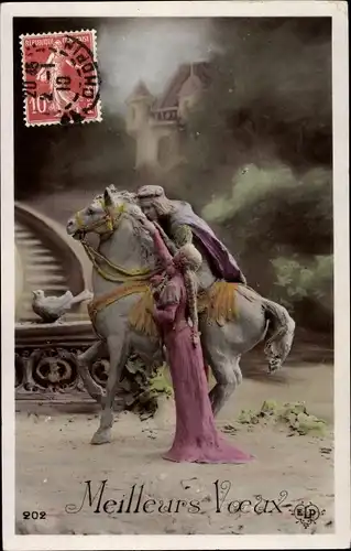 Ak Meilleurs Voeux, Figur, Reiter auf dem Pferd, Maid mit blondem Zopf, ELP 202