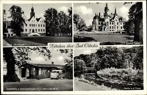 Ak Travenbrück bei Bad Oldesloe, Schloss Tralau, Trave, Haus St. Ansgar, Gaststätte Gemischtwaren