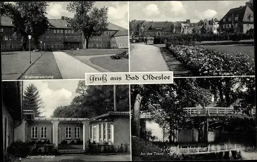 Ak Bad Oldesloe in Schleswig Holstein, Jugendherberge, Kreisverwaltung, Kurpark, Trave