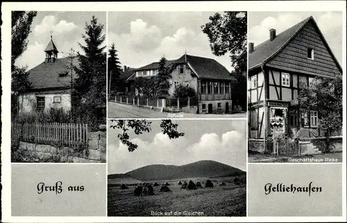 Ak Gelliehausen Gemeinde Gleichen in Niedersachsen, Geschäftshaus, Kirche, Schule