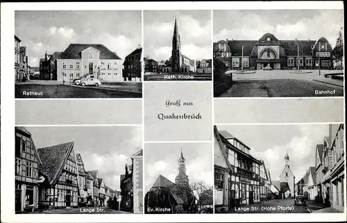 Ak Quakenbrück in Niedersachsen, Bahnhof, Kirche, Rathaus, Lange Straße