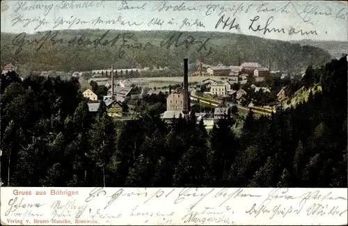 Ak Böhrigen Striegistal Landkreis Mittelsachsen, Panorama vom Ort, Fabrikschlot