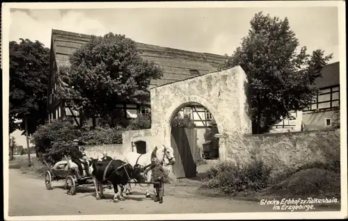 Foto Ak Falkenhain Altenberg im Erzgebirge, Stock's Erbhof, Rinderkarren