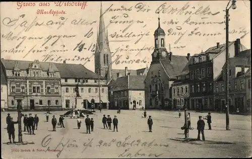 Ak Wilsdruff, Blick auf den Marktplatz, Kirche, Schänke, Leute auf dem Platz