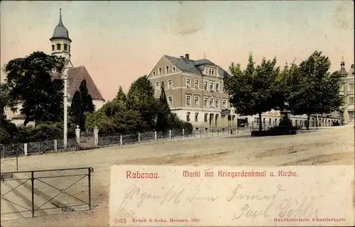 Ak Rabenau im Erzgebirge, Markt mit Kriegerdenkmal und Kirche