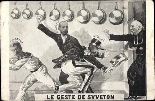 Ak Le Geste de Syveton, Karikatur mit den Politikern, Syveton, Andre, Pelletan