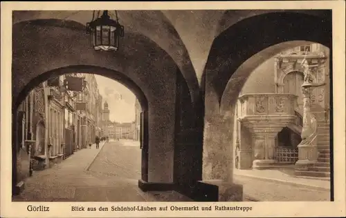 Ak Görlitz in der Lausitz, Blick aus den Schönhof Läuben, Obermarkt, Rathaustreppe