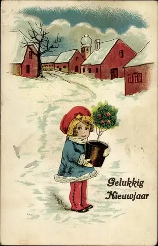 Ak Glückwunsch Neujahr, Mädchen mit Blumentopf