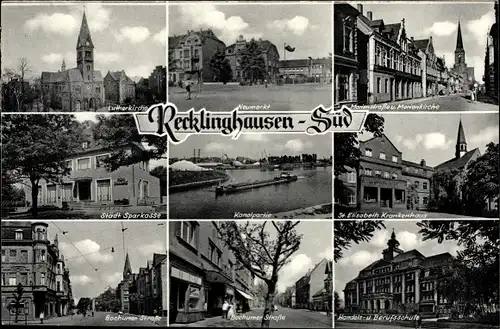 Ak Recklinghausen im Ruhrgebiet, Propsteikirche, Engelsburg, Markt, Saalbau, Rathaus, Bahnhof