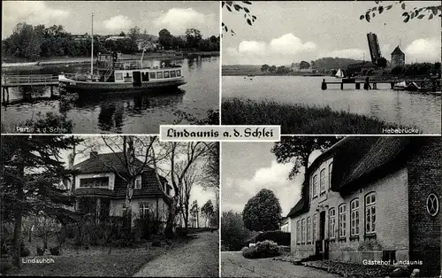 Ak Lindaunis Boren in Schleswig Holstein, Hebebrücke, Lindauhöh, Gästehof, Partie an der Schlei