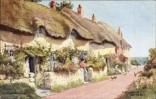 Künstler Ak Cornwall England,  Porth ?, Cottages