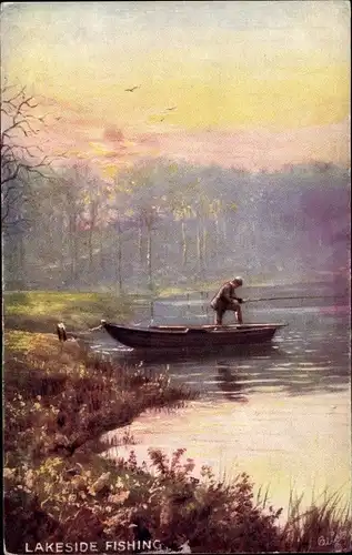 Künstler Ak Lakeside Fishing, Mann angelt in einem Ruderboot, Tuck 9408