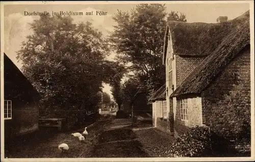 Ak Boldixum Wyk auf Föhr, Dorfstraße mit Backsteinhaus und Gänsen