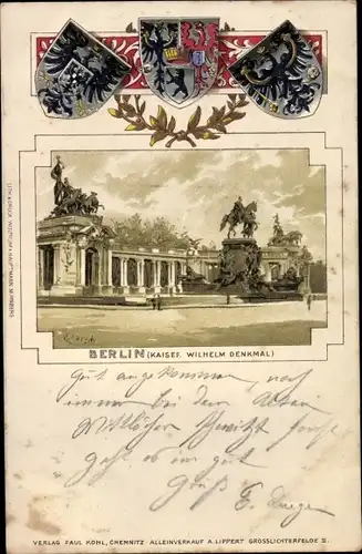 Präge Wappen Künstler Litho Lorsch, E., Berlin Mitte, Kaiser Wilhelm Reiterdenkmal