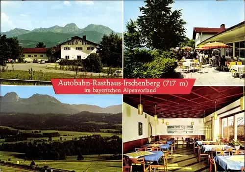 Ak Irschenberg in Oberbayern, Autobahn Rasthaus und Motel, Aussen- und Innenansicht, Landschaft