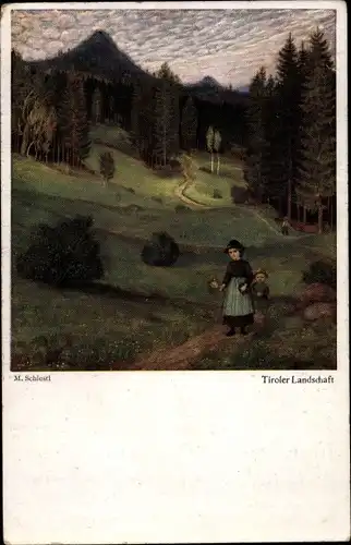 Künstler Ak Schiestl, Matthäus, Tiroler Landschaft, Spaziergänger