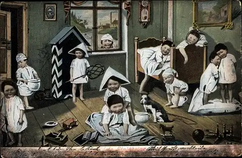 Ak Kleinkinder, Zimmer, Bett, Hund