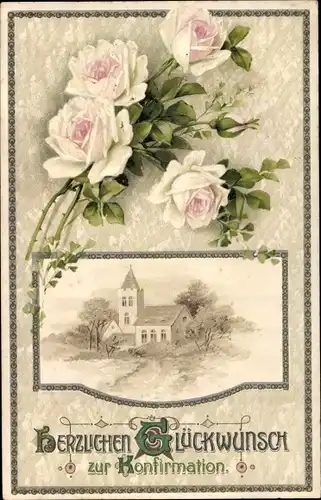Präge Ak Glückwunsch Konfirmation, Kirche, weiße Rosen