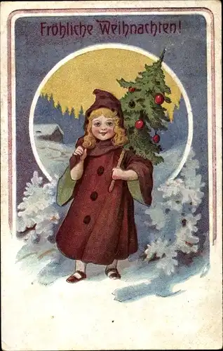 Ak Glückwunsch Weihnachten, Mädchen mit Tannenbaum
