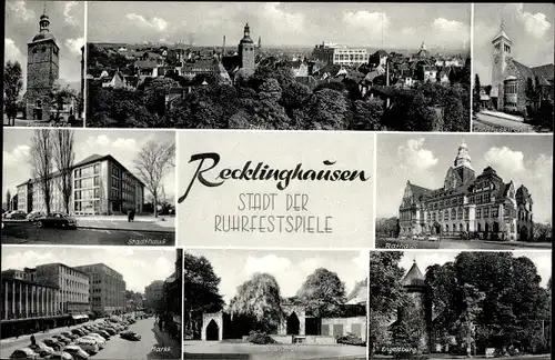 Ak Recklinghausen im Ruhrgebiet, Total, Christuskirche, Stadthaus, Engelsburg, Ehrenmal, Rathaus