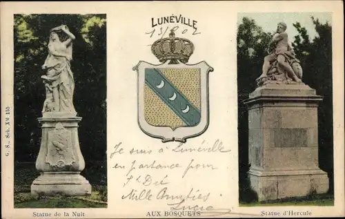 Wappen Ak Luneville Meurthe et Moselle, Statue de la Nuit, Statue d'Hercule