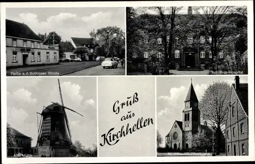 Ak Kirchhellen Bottrop im Ruhrgebiet, Alte Mühle, Sankt Johannes Pfarrkirche, Antonius-Hospital
