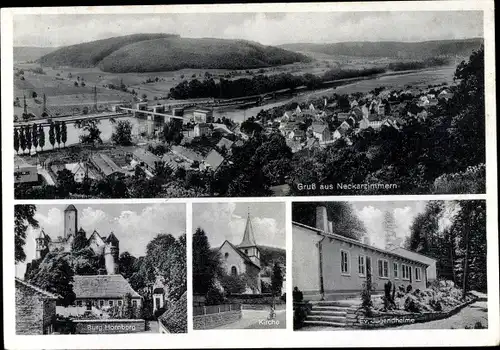 Ak Neckarzimmern im Neckartal, Panorama vom Ort, Kirche, Evangelische Jugendheime, Burg Hornberg