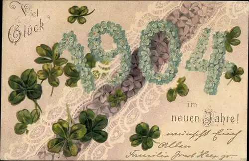 Präge Litho Glückwunsch Neujahr, Jahreszahl 1904, Kleeblätter, Vergissmeinnichtblüten, Veilchen