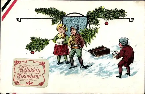 Ak Glückwunsch Neujahr, Kinder, Tannenbaum, Schlitten, Schneeball