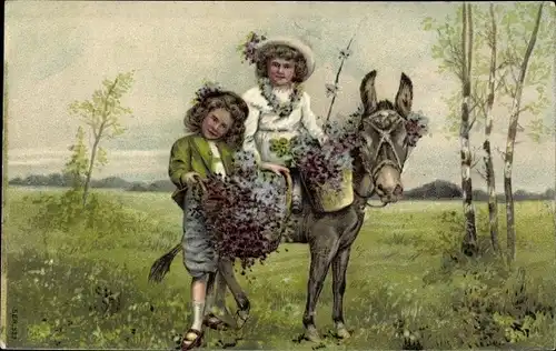 Ak Mädchen reitet auf dem Esel, Blumenstrauß, Birken, Wiese