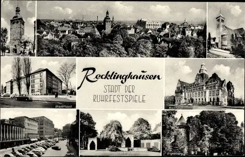 Ak Recklinghausen im Ruhrgebiet, Kirche, Rathaus, Engelsburg, Markt