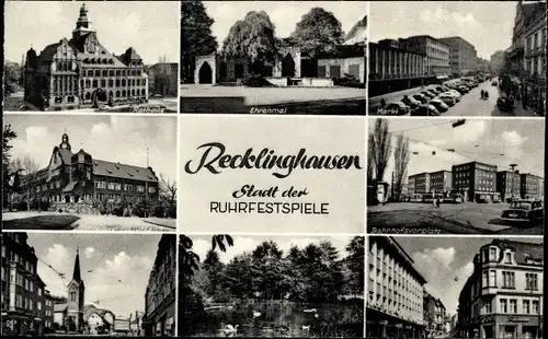 Ak Recklinghausen im Ruhrgebiet, Rathaus, Ehrenmal, Markt, Kreisverkehrsamt, Stadtgarten