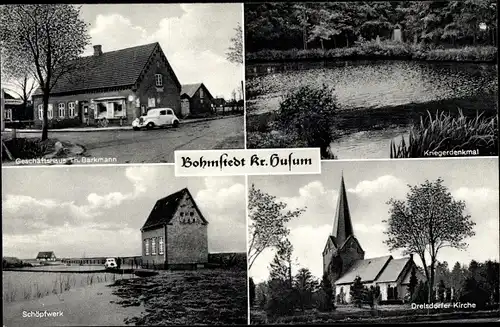 Ak Bohmstedt in Nordfriesland, Kriegerdenkmal, Drelsdorfer Kirche, Schöpfwerk, Geschäftshaus