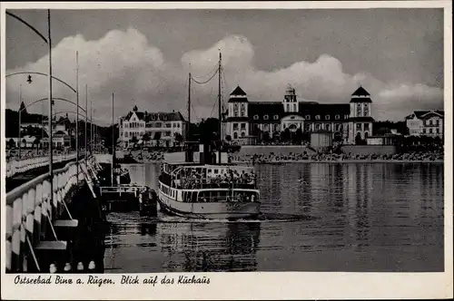 Ak Seebad Binz auf Rügen, Blick auf das Kurhaus, Ausflugsboot Rügen Sassnitz