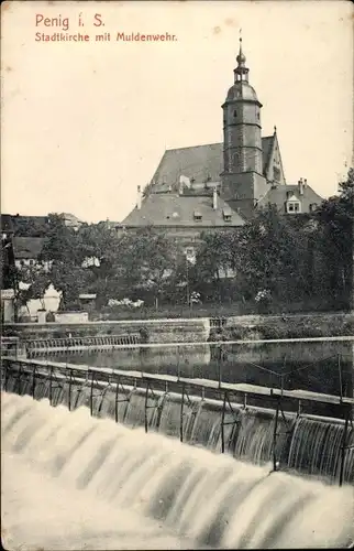 Ak Penig in Sachsen, Stadtkirche mit Muldenwehr