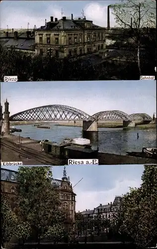 Ak Riesa an der Elbe Sachsen, Bahnhof, Elbbrücke, Wohnviertel