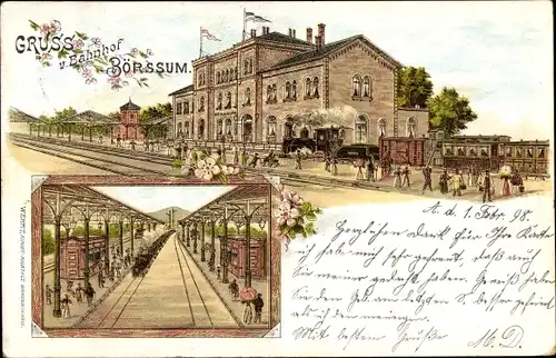 Litho Börßum in Niedersachsen, Bahnhof von der Gleisseite, Eisenbahn, Bahnsteig, Passagiere