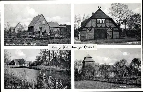 Ak Neetze in der Lüneburger Heide, Geschäft Goral, Jugendheim, Kirche, Teichpartie