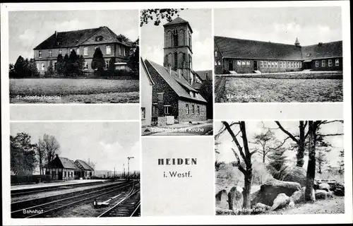 Ak Heiden in Westfalen, St. Josefs Hospital, Kirche, Marienschule, Bahnhof, Teufelssteine