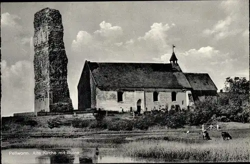 Ak Pellworm in Nordfriesland, Blick zur Alten Kirche mit Ruine und Friedhof