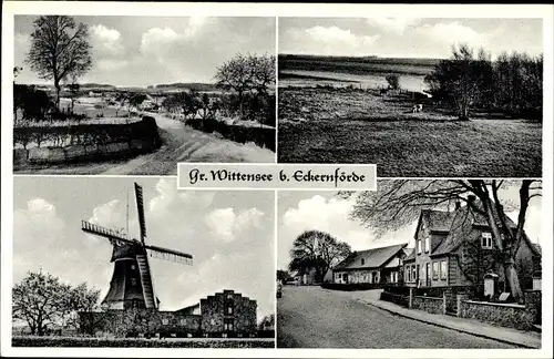 Ak Groß Wittensee in Schleswig Holstein, Windmühle, Straßenpartie, Partie am Ufer